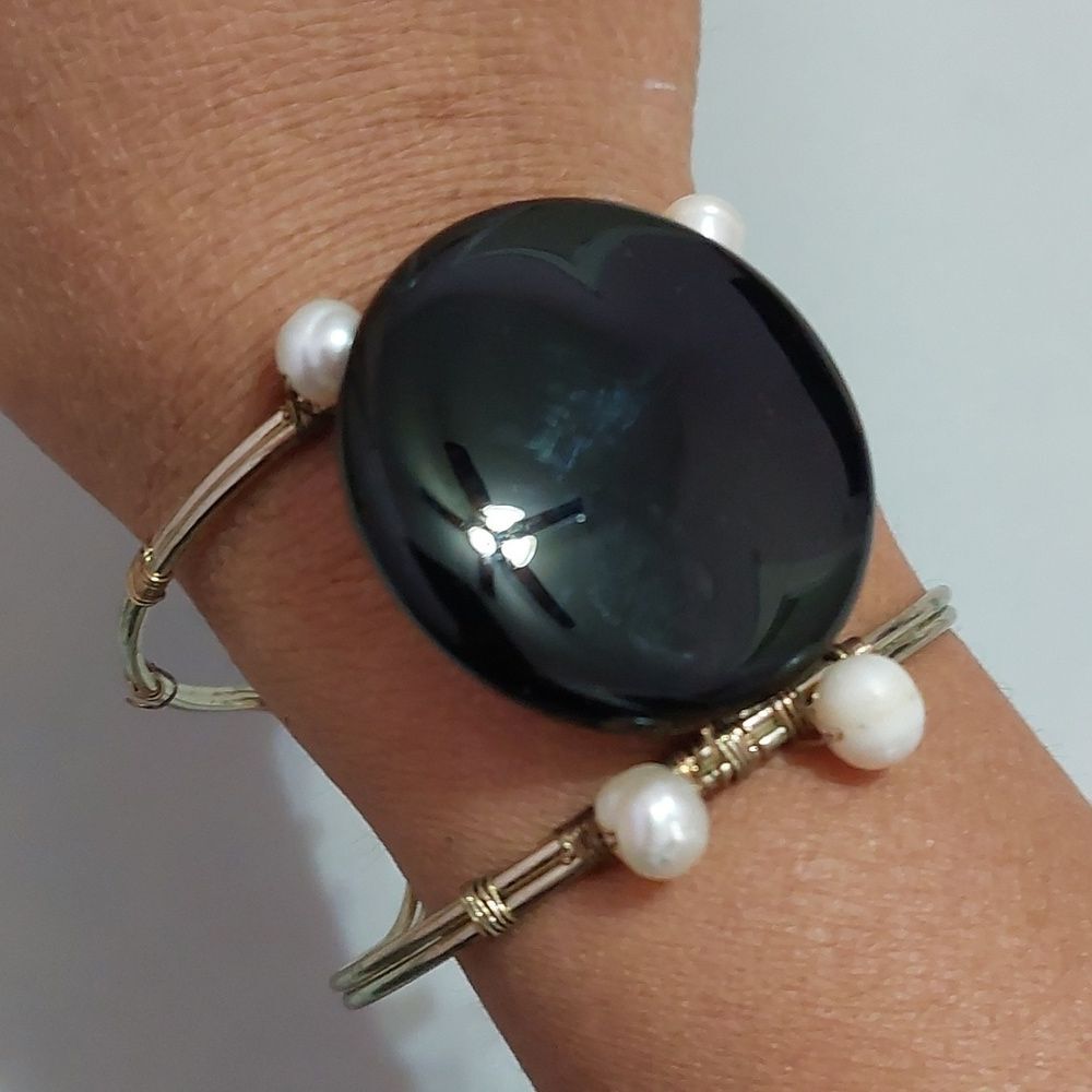 Chunky Black Glass with Real Pearls Wide Cuff Bracelet
